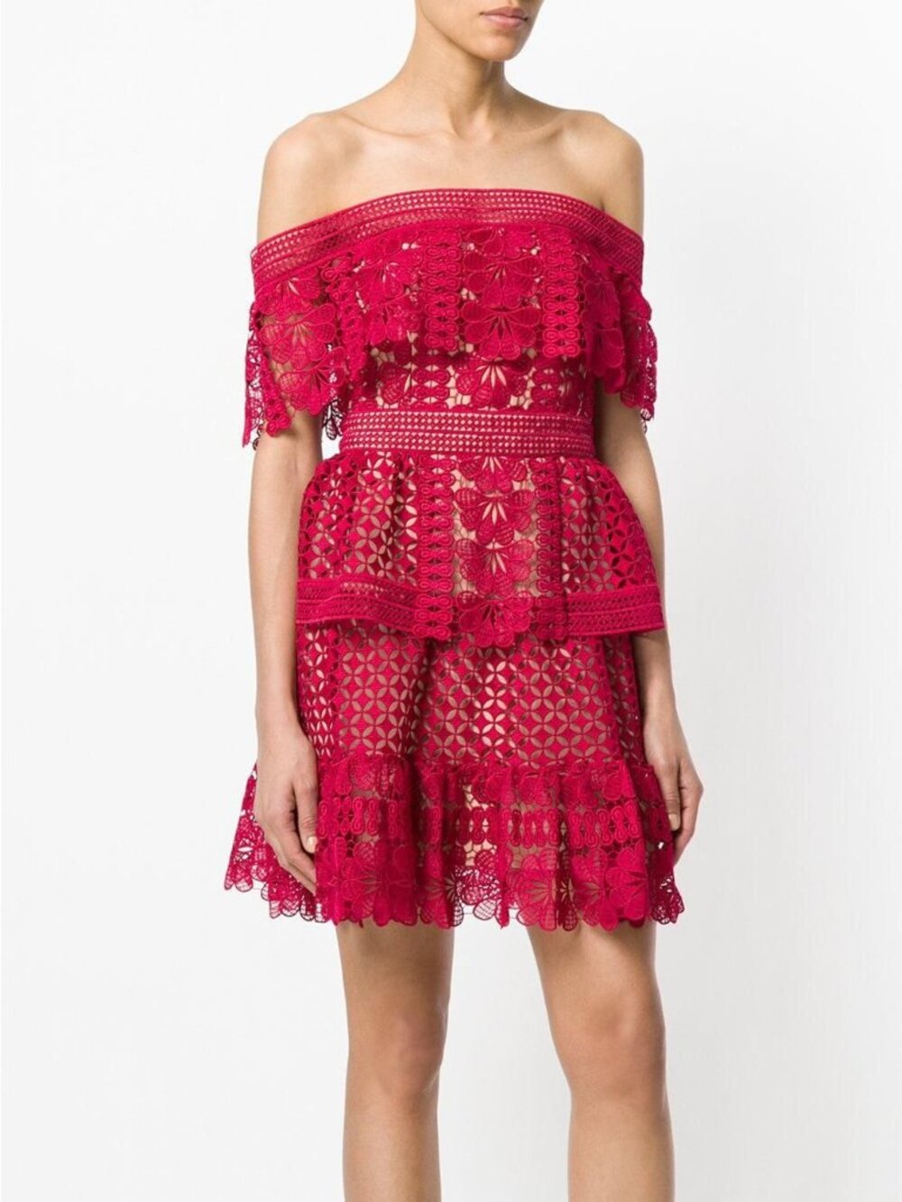 Burgundy Heavy Lace Off Shoulder Cocktail Dress XS